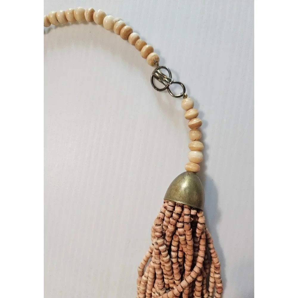 Vintage Multi Strand Seed Bead Bone Statement Necklace Boho Tribal Asymmetrical
